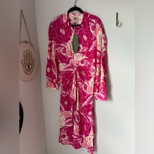 Tropical Groove Floral Pink Collared Button-Up Tie Waist Midi Dress